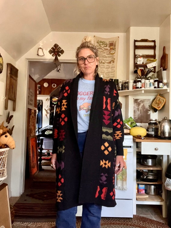 CerealVintageThrift 1980's Vintage Duster Cardigan Sweater Amazing Abstract Designs Black Sweater with Multi Colored Print Size Medium/Large