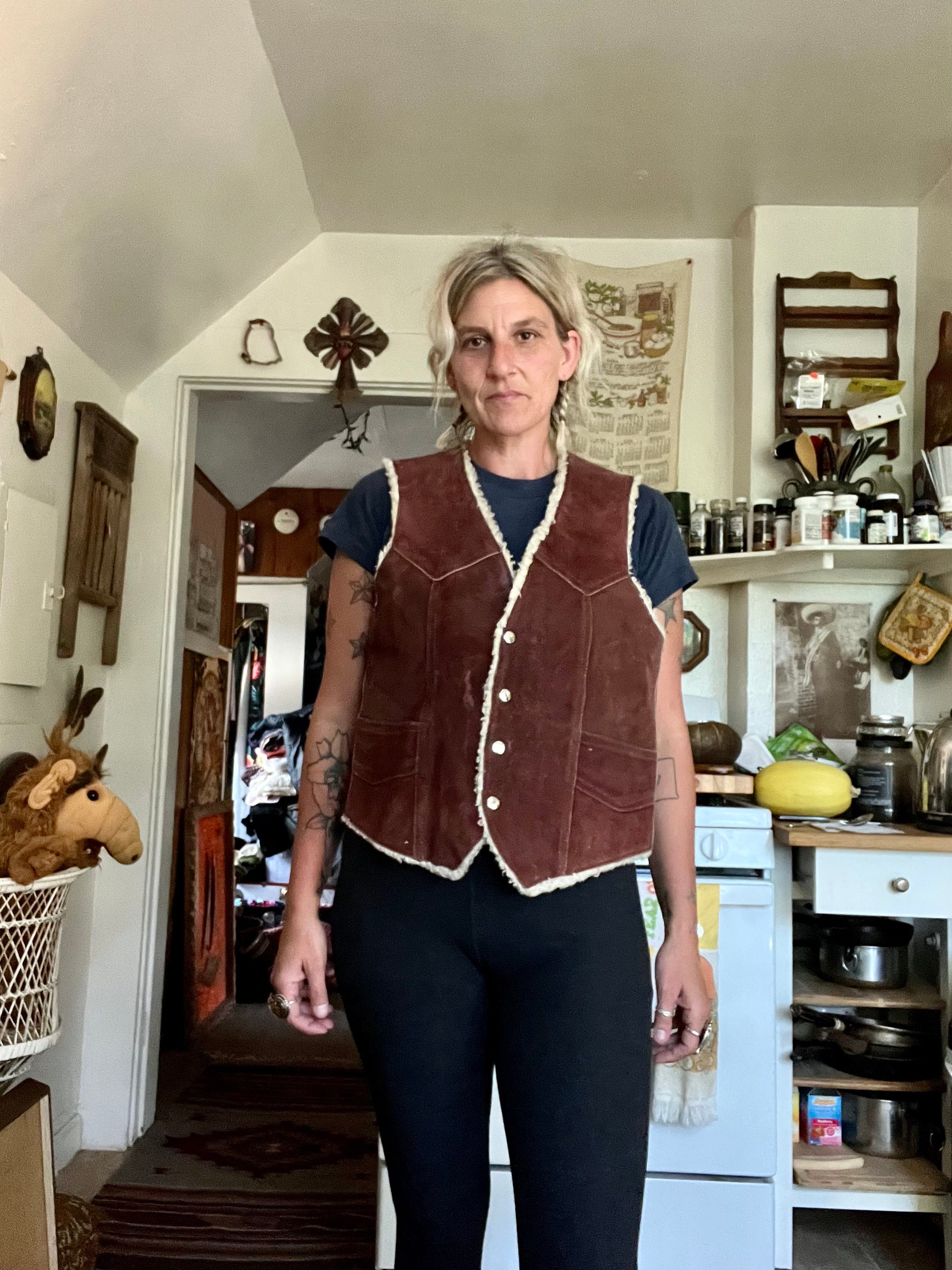 Western Rancher Sherpa Leather Vintage 1980's Chocolate Brown Snap