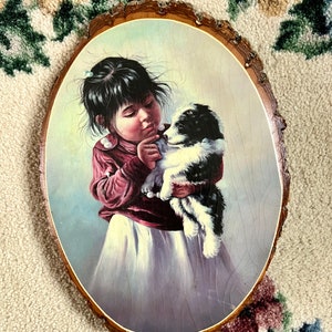 Retro vintage 1970’s/80’s wood decoupage girl and puppy wall hanging