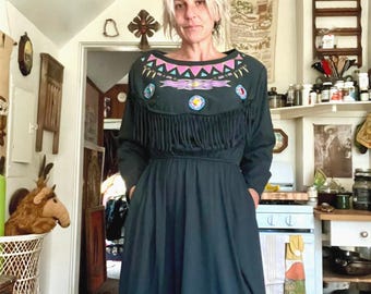 Sas’sa 1980’s vintage western fringe black long sleeve dress women’s size small/medium