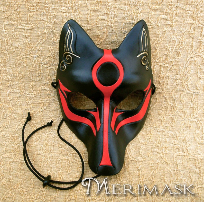 Leather Mask MADE TO ORDER Okami Kitsune Mask... masquerade Japanese fox mask costume mardi gras halloween burning man splicer Black and red