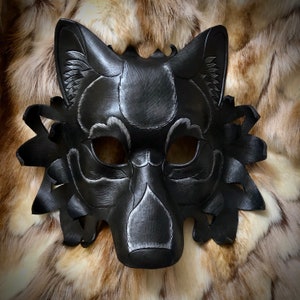 Hand Carved Leather Dire Wolf Mask: Black and Silver Costume Made To Order