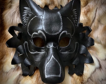 Leather Mask MADE TO ORDER Black Dire Wolf Mask Pattern Two... masquerade leather mask costume mardi gras halloween burning man cosplay