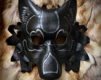 Hand Carved Leather Dire Wolf Mask: Black and Silver Costume Made To Order