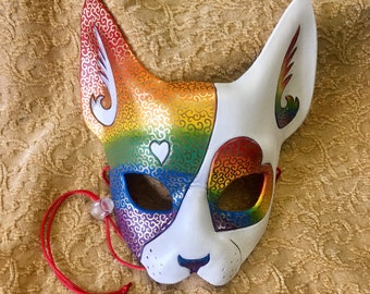 Leather Mask MADE TO ORDER Pride Cat Leather Mask... masquerade rainbow black cat costume mardi gras halloween burning man