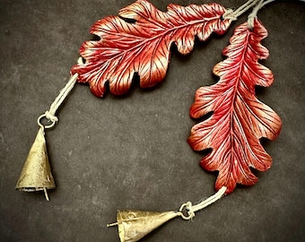 READY TO SHIP Leather Autumn Oak Leaf Bell ornament ...leather mixed media carved  hand made gift limited edition