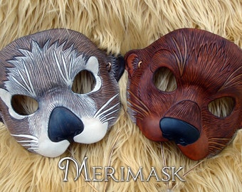 Hand Carved Leather Otter Mask, Masquerade Costume made to order