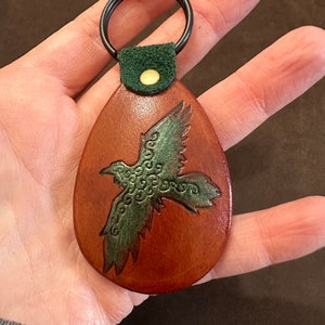 Handmade Leather Raven Keychain: Teal Iridescent Crow Art