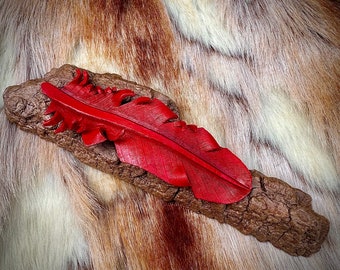 Cardinal Feather mixed media wall sculpture… leather feathers driftwood nature organic still life