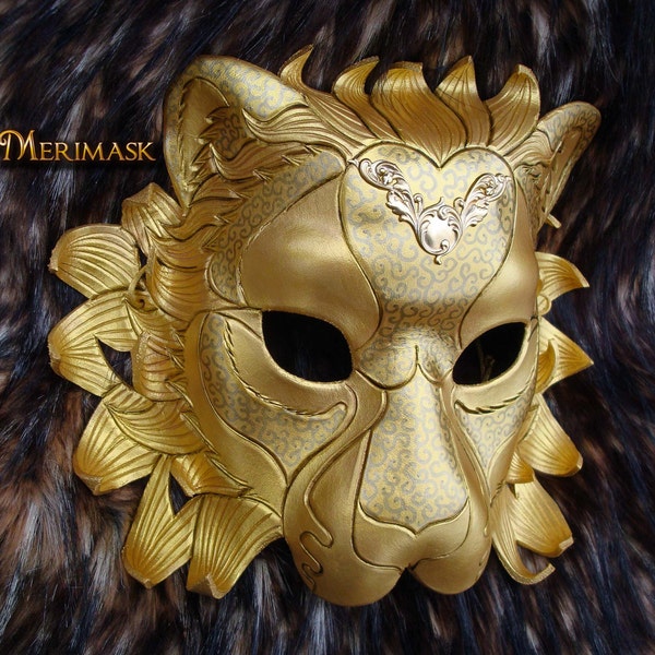Máscara de León de Cuero: Disfraz de Mascarada Real Dorada HECHO A MEDIDA