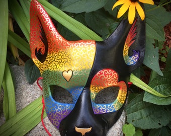 Handmade Leather Cat Mask: Pride Rainbow Masquerade Costume Made To Order