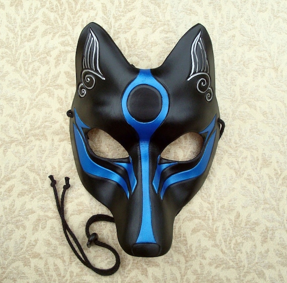Black and Blue Okami Kitsune Mask Japanese Fox Leather Mask - Etsy