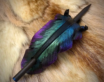 Raven Feather Leather Stick Barrette …hair clip accessory