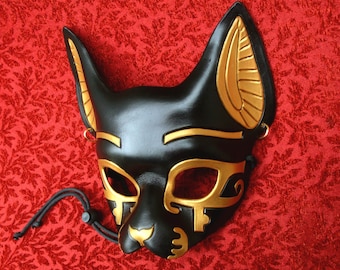 Handgemaakt leren bastmasker: Egyptische kattengodin kostuum halloween-cosplay op bestelling gemaakt