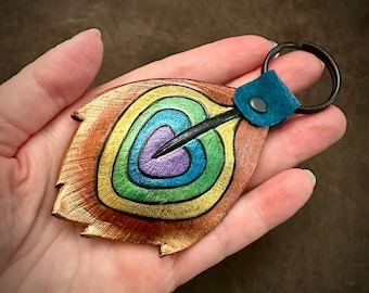 Hand Carved Leather Rainbow Peacock Feather Keychain