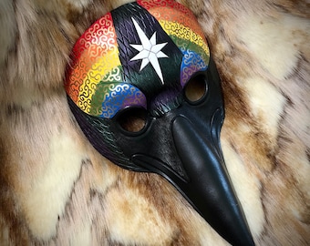 Pride Raven Leather Mask: Hand Carved Rainbow Masquerade Costume Made To Order