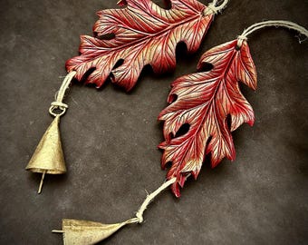 READY TO SHIP Leather Autumn Oak Leaf Bell ornament ...leather mixed media carved  hand made gift limited edition