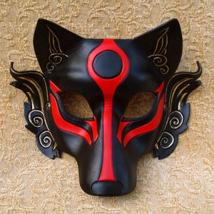 Leather Mask MADE TO ORDER Okami Wolf Mask... masquerade Japanese leather mask costume mardi gras halloween burning man cosplay Black and red