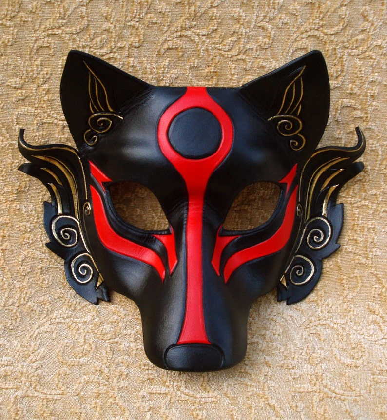 Leather Mask MADE TO ORDER Okami Wolf Mask... masquerade Japanese leather mask costume mardi gras halloween burning man cosplay Black and red