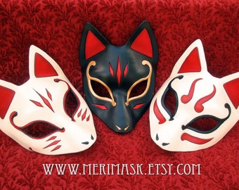 Leather Mask MADE TO ORDER Wedge Kitsune Mask... masquerade Japanese fox mask costume mardi gras halloween burning man splicer