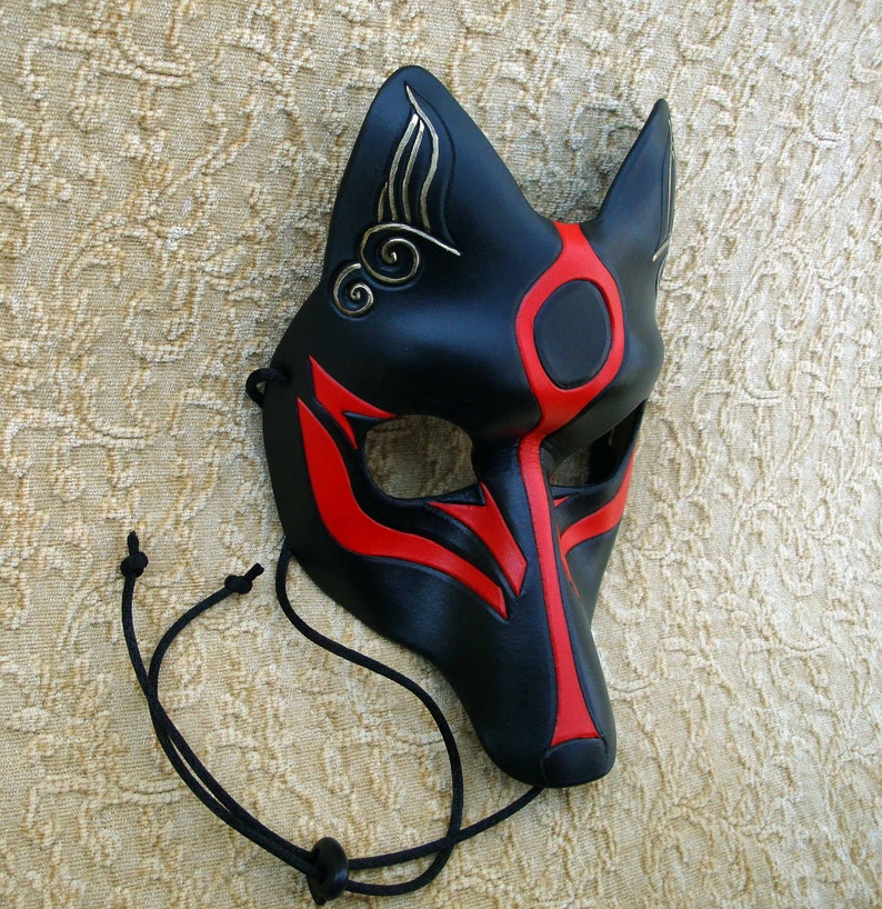Black Okami Kitsune Mask... Japanese Fox Leather Mask Etsy