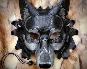 Hand Carved Leather Dire Wolf Mask: Black and Silver Masquerade Costume Made To Order