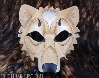 Hand Carved Leather Wolf Mask White Masquerade Costume Halloween Made To Order