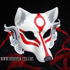 Leather Mask MADE TO ORDER Okami Wolf Mask... masquerade Japanese leather mask costume mardi gras halloween burning man cosplay White and red