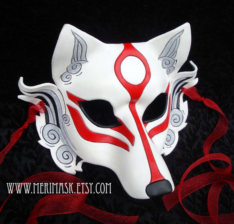 Leather Mask MADE TO ORDER Okami Wolf Mask... masquerade Japanese leather mask costume mardi gras halloween burning man cosplay White and red