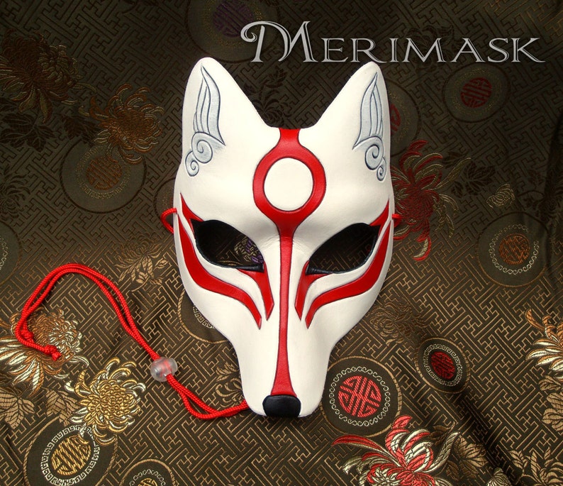 Leather Mask MADE TO ORDER Okami Kitsune Mask... masquerade Japanese fox mask costume mardi gras halloween burning man splicer White and red