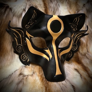 Leather Mask MADE TO ORDER Okami Wolf Mask... masquerade Japanese leather mask costume mardi gras halloween burning man cosplay Black and Gold