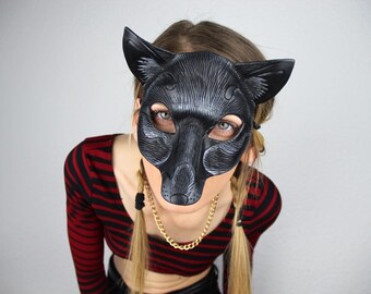 READY to SHIP Black Fox Mask...  leather mask costume OOAK masquerade burning man mardi gras halloween festival