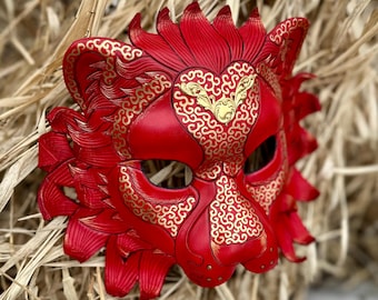 Made-To-Order Red Leather Lion Mask: Regal Venetian Masquerade Costume