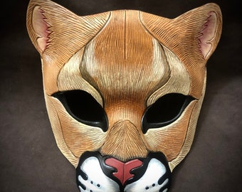 Handmade Leather Mountain Lion Mask - Cougar Costume made to order