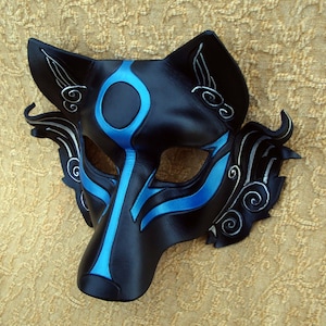 Leather Mask MADE TO ORDER Okami Wolf Mask... masquerade Japanese leather mask costume mardi gras halloween burning man cosplay Black and blue