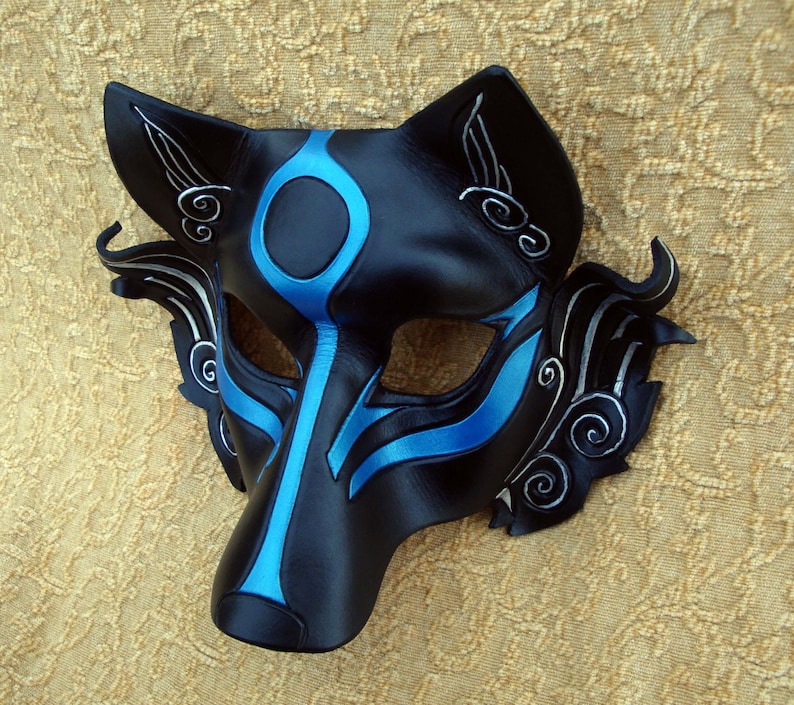 Leather Mask MADE TO ORDER Okami Wolf Mask... masquerade Japanese leather mask costume mardi gras halloween burning man cosplay Black and blue