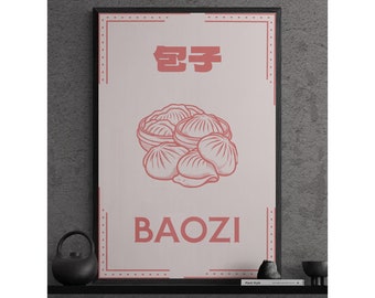Dumpling Art, Kitchen Wall Art, Retro Poster, Asian Food Print, Restaurant Art, Digital Download