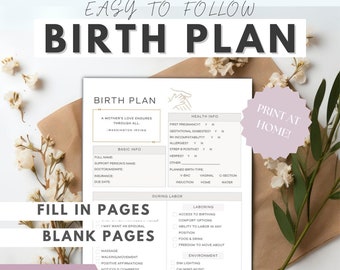 May include: A printable birth plan checklist with sections for basic info, health info, during labor, and laboring. The checklist includes options for vaginal birth, c-section, and water birth. The text "Print at Home!" is in a pink circle at the top right corner of the page.