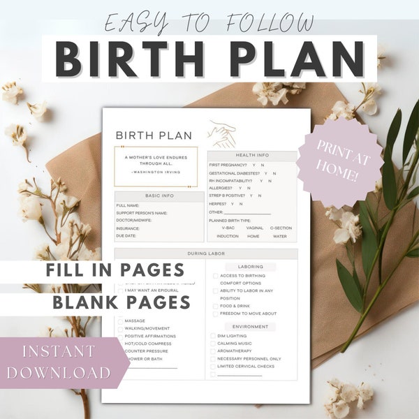 Birth Plan Template, Birth Plan, Hospital Bag Checklist, Birth Preferences