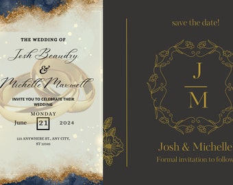 Elegante plantilla de invitación de boda esmeralda y dorada: descarga digital personalizable para su día especial