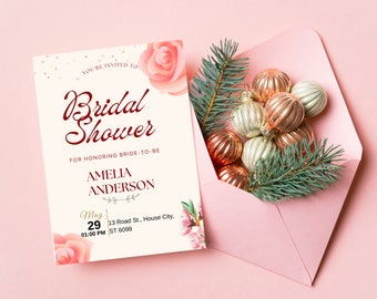 Blushing Blooms Bridal Shower Invitation Template - Personalized Digital Design for a Joyful Celebration