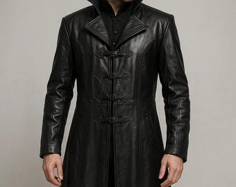PeterSign Black Gothic Steampunk Vampire Long Coat -Real Leather Men’s Trench Coat – Victorian Halloween Costume Leather Coat – Gift for Him