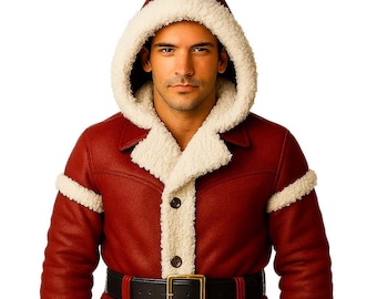 Men’s Red Leather Santa Coat | Faux Sherpa Fur Trim, Hooded Christmas Costume
