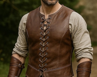 Handmade Men's Medieval Leather Vest – Vintage Brown Renaissance Costume – Available with Leather Bracers – Gift for Him
