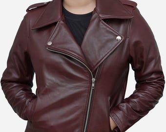 Handmade Burgundy Lambskin Leather Biker Jacket - Women's Moto Jacket