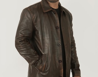 Men’s Distressed Brown Leather Coat | Vintage Style Long Jacket | Handmade Genuine Leather Outerwear