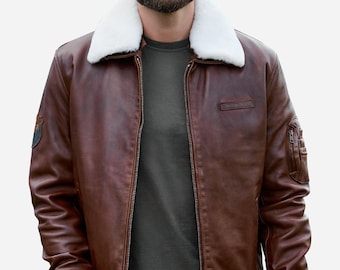 Handcrafted Brown Leather Bomber Jacket: White Fur Collar Aviator Style