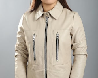 Handmade Beige Lambskin Leather Biker Jacket - Minimalist Streetwear Coat