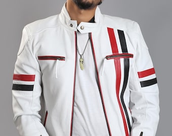 Handmade White Leather Cafe Racer Jacket: Vintage Biker Style