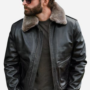 PeterSign Handgefertigte Schwarze Leder Bomberjacke mit Shearling Kragen | Fliegerjacke | Echter Pilot Style Mantel für Männer